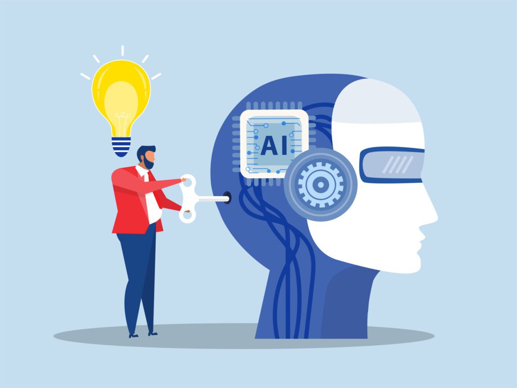 An illustration of a man activating an AI head with a key.